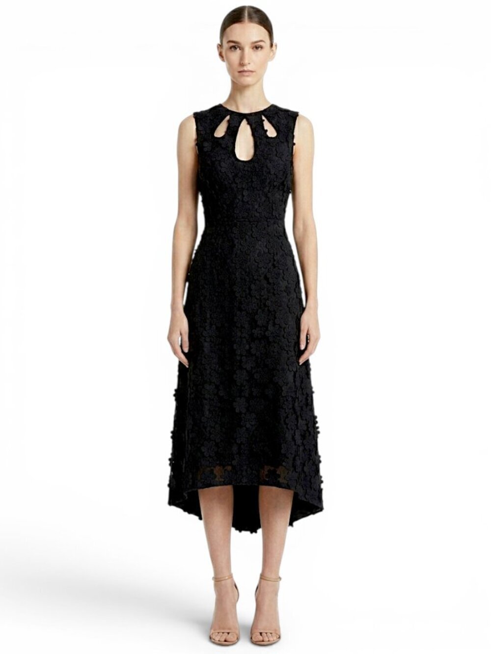 One Fifty Third Black Raised Applique Flower Teardrop Cutout Neck Dress NEW 2